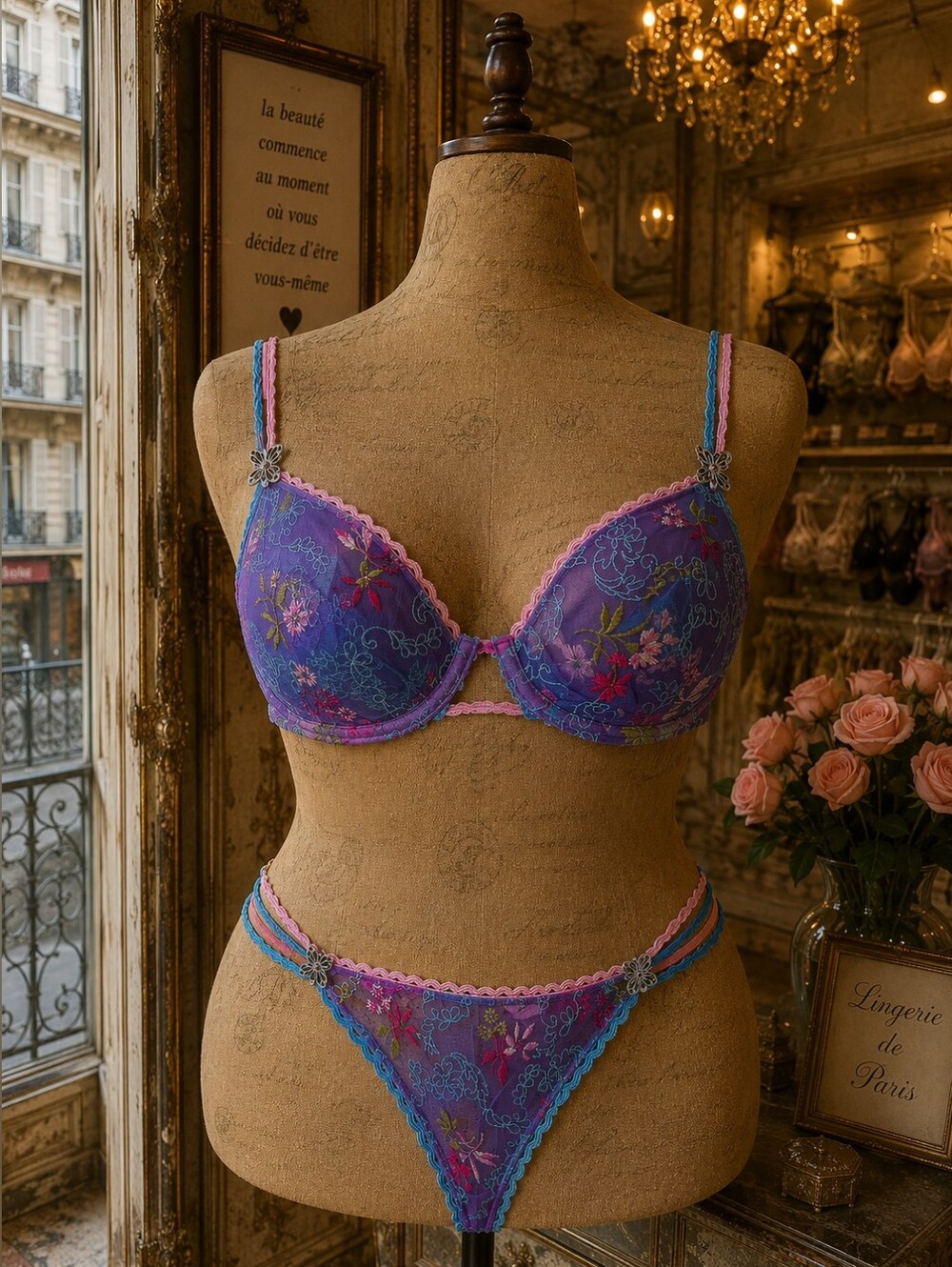 Ravage 36D Purple Floral Embroidered Bra & Thong Lingerie Set